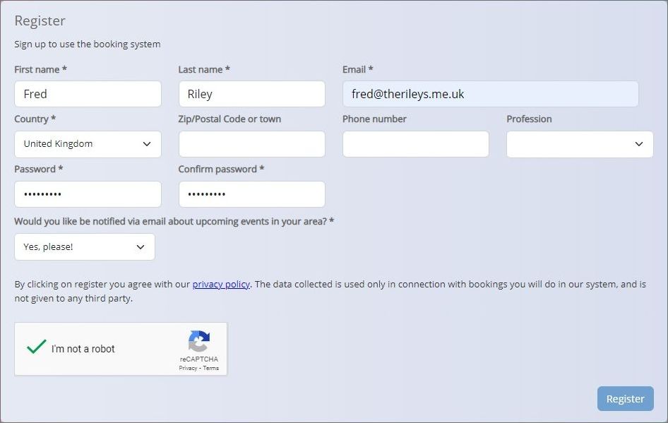 Example completed registration form