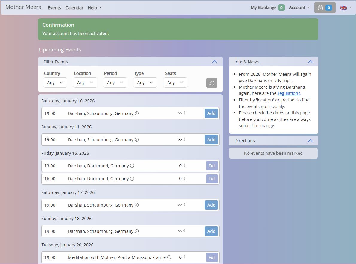 Example of the screen you see when you are logged into your account at mothermeera.com